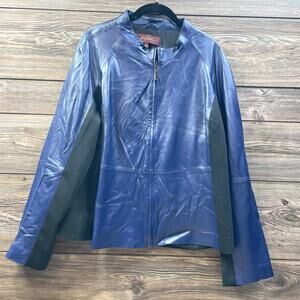 Hal Rubenstein Blue Navy Leather Jacket Coat Lined Ponte Stretch SZ 2X C101687